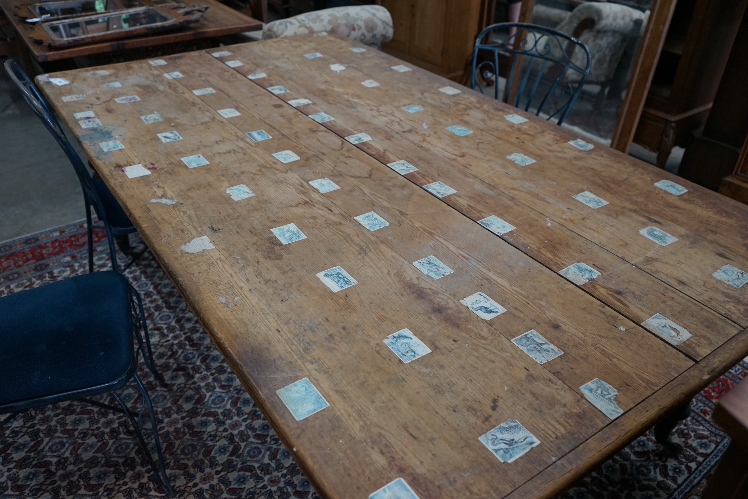 A mid Victorian rectangular pine kitchen table, length 214cm, width 121cm, height 72cm